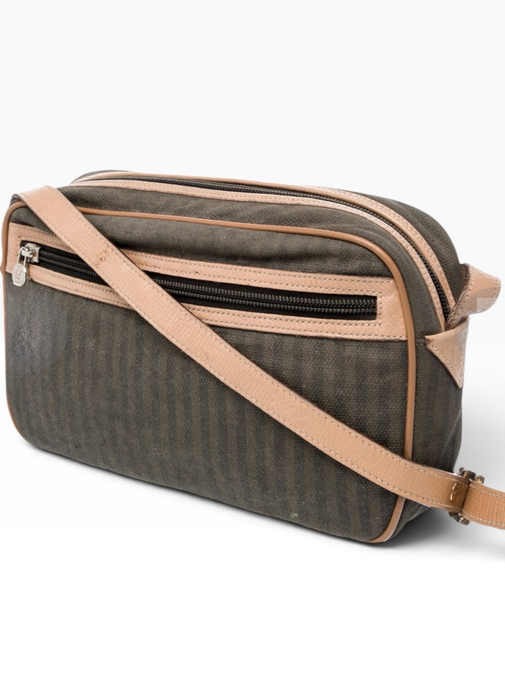 Vintage Fendi Pequin Stripe Canvas Leather Camera Crossbody Bag